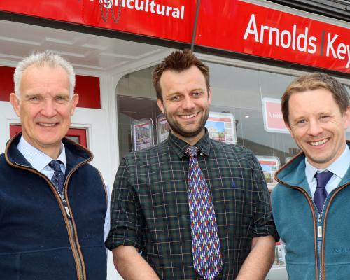 Newly appointed Rural Practice Surveyor James Hill centre with Arnolds Keys agricultural partners Simon Evans left and Tom Corfield sm