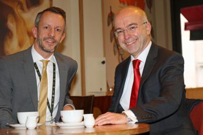 Lovewell Blake partner Shaun Mary left with the speaker at the first Business Brilliance Masterclass Nigel Cushion sm