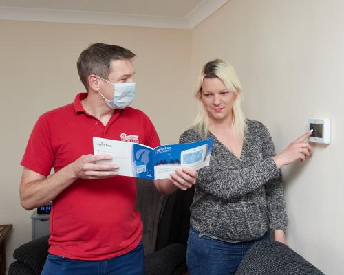 Broadland tenant Laura from Norwich is introduced to her Switchee smart theromstat by electrician Steve Amiss