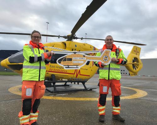 EAAA crew members Dr Joanna Stevens and CCP Rod Wells celebrate the 10000 donation from Abel Homes