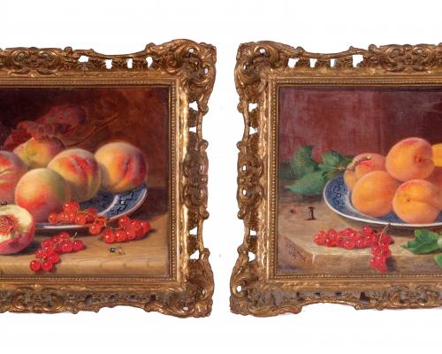 Eloise Harriet Stannard Pair of still life studies of peaches and redcurrants on Willow pattern plates sm