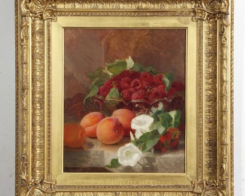 Eloise Stannard Raspberries peaches and white flowers on a marble ledge estimate 4500 5500 1