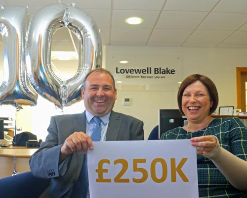 Gary Flatt and Mel Wright of Lovewell Blake celebrate the 10th anniversary of the LB150 Fund which has broken through the 250000 mark