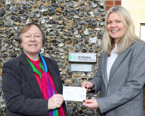 NDAEA chair Jan Hytch left presents a cheque to Jo Gillies Wheatley of St Martins Housing Trust sm