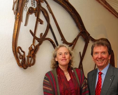 Norfolk artist Harriet Mead with Tony Abel of Abel Homes at a previous artwork unveiling in Watton sm