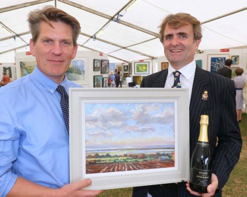 RNS Art Exhibition head steward Tom Cringle and Guy Gowing from Arnolds Keys with the winning picture sm