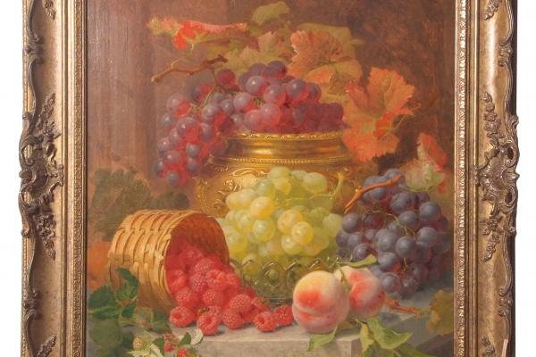 Eloise Harriet Stannard Still life study of fruit on a marble ledge or plinth estimate 3000 4000
