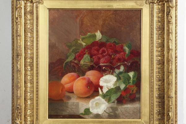 Eloise Stannard Raspberries peaches and white flowers on a marble ledge estimate 4500 5500 1