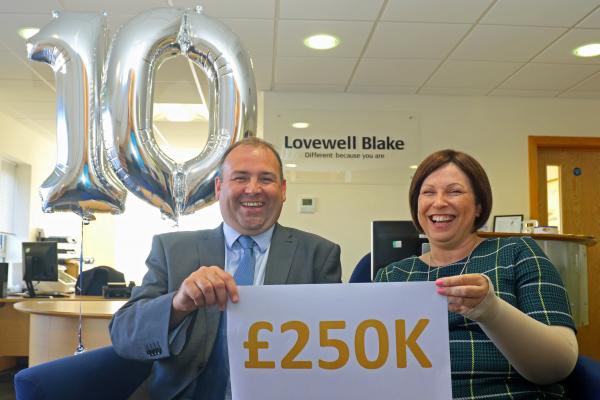 Gary Flatt and Mel Wright of Lovewell Blake celebrate the 10th anniversary of the LB150 Fund which has broken through the 250000 mark