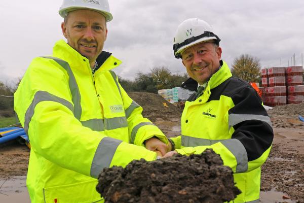 Greg Dodds of Orwell left and Paul Pitcher of Wellington cut the first sod at Fairview Road Halesworth sm