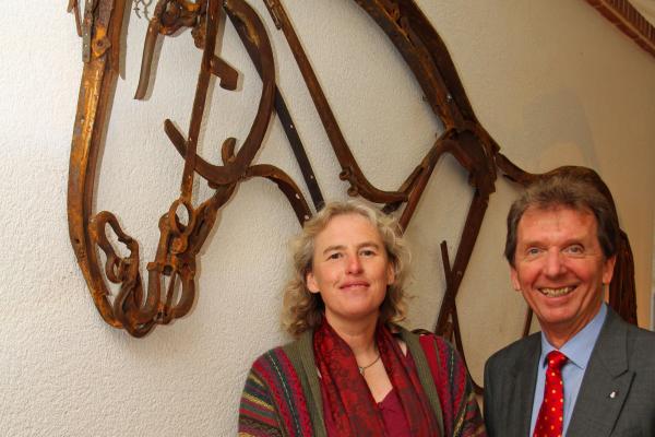 Norfolk artist Harriet Mead with Tony Abel of Abel Homes at a previous artwork unveiling in Watton sm