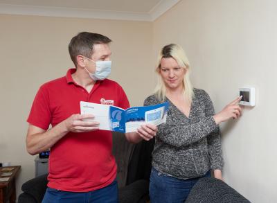 Broadland tenant Laura from Norwich is introduced to her Switchee smart theromstat by electrician Steve Amiss