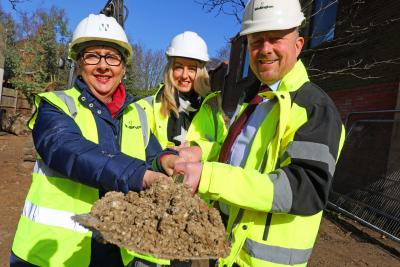 Cllr Gail Harris left Kelly Biddle and Paul Pitcher cut the first sod at Cowgate in Norwich sm