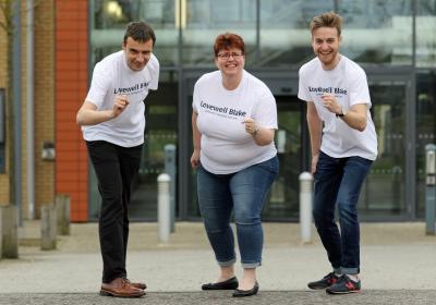 Colin Fish left Suzie Henseler and Adam Palmer get set for the Brighton Marathon weekend outside Lovewell Blakes Norwich offices