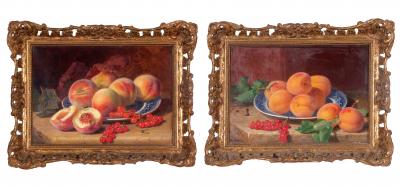 Eloise Harriet Stannard Pair of still life studies of peaches and redcurrants on Willow pattern plates sm