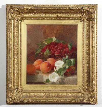 Eloise Stannard Raspberries peaches and white flowers on a marble ledge estimate 4500 5500 1