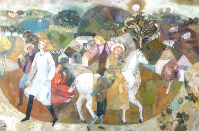 Figures in Extensive landscapes second of a pair of oils by Gwyneth Johnstone estimate 10000 15000
