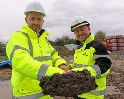 Greg Dodds of Orwell left and Paul Pitcher of Wellington cut the first sod at Fairview Road Halesworth sm