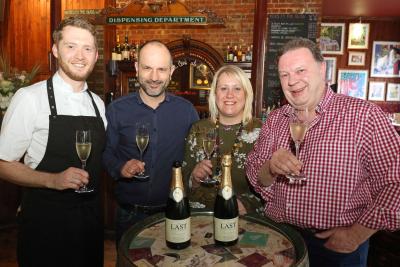 Head chef Iain McCarten partner Ecky Limon manager Emma Swatman and partner James Sawrey Cookson toast the Last Wine Bars 28th birthday sm