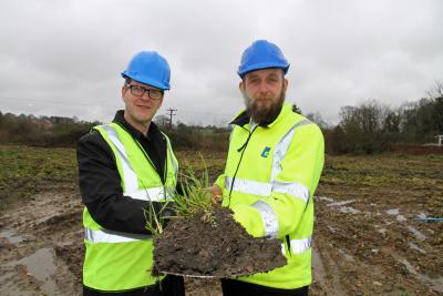 John Archibald of Victory Housing Trust left and Richard Dove of Dove Jeffrey cut the first sod at Chapel Road Roughton