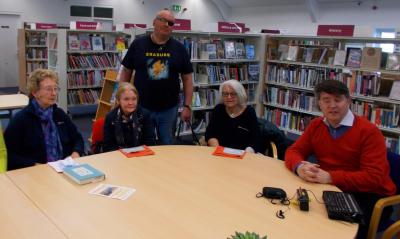 Mark Smith of Vision Norfolk right with some of the members of the Gaywood audio book club on World Book Day sm