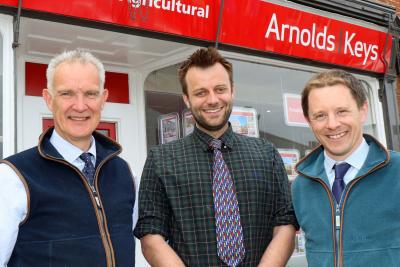 Newly appointed Rural Practice Surveyor James Hill centre with Arnolds Keys agricultural partners Simon Evans left and Tom Corfield sm
