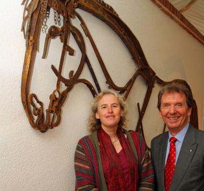 Norfolk artist Harriet Mead with Tony Abel of Abel Homes at a previous artwork unveiling in Watton sm