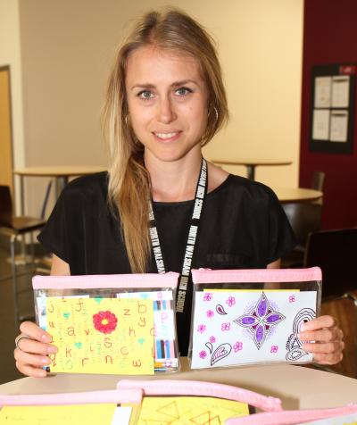 Teresa Gascoyne with some of the pencil cases made by students at NWHS for the school in Ghana