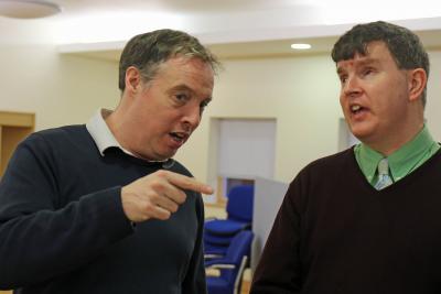 Visually Impaired Choir members Mike Wordingham and Mark Smith get to grips with the harmony at the taster session sm